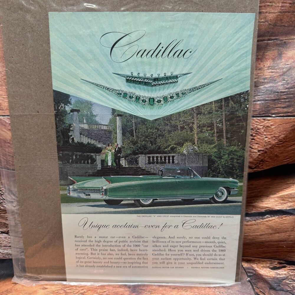 1960 Cadillac Vintage Print Ad Van Cleef & Arpels Emerald Green Jewelry